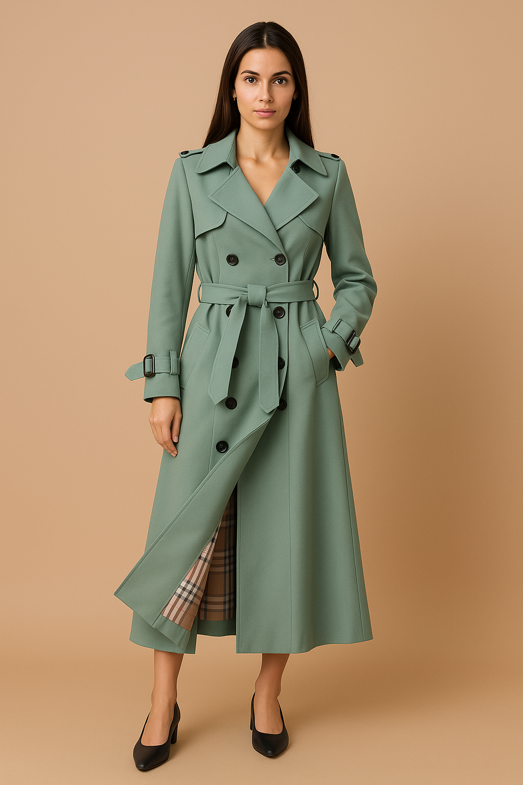 Long Double-Breasted Trench Coat with Belt