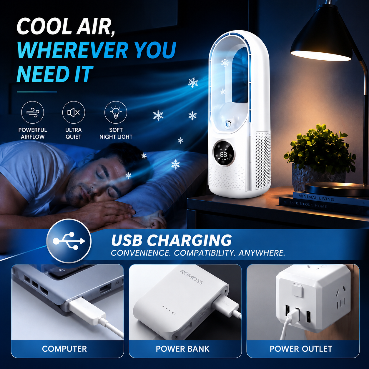 Bladeless Quiet Desktop Tower Fan