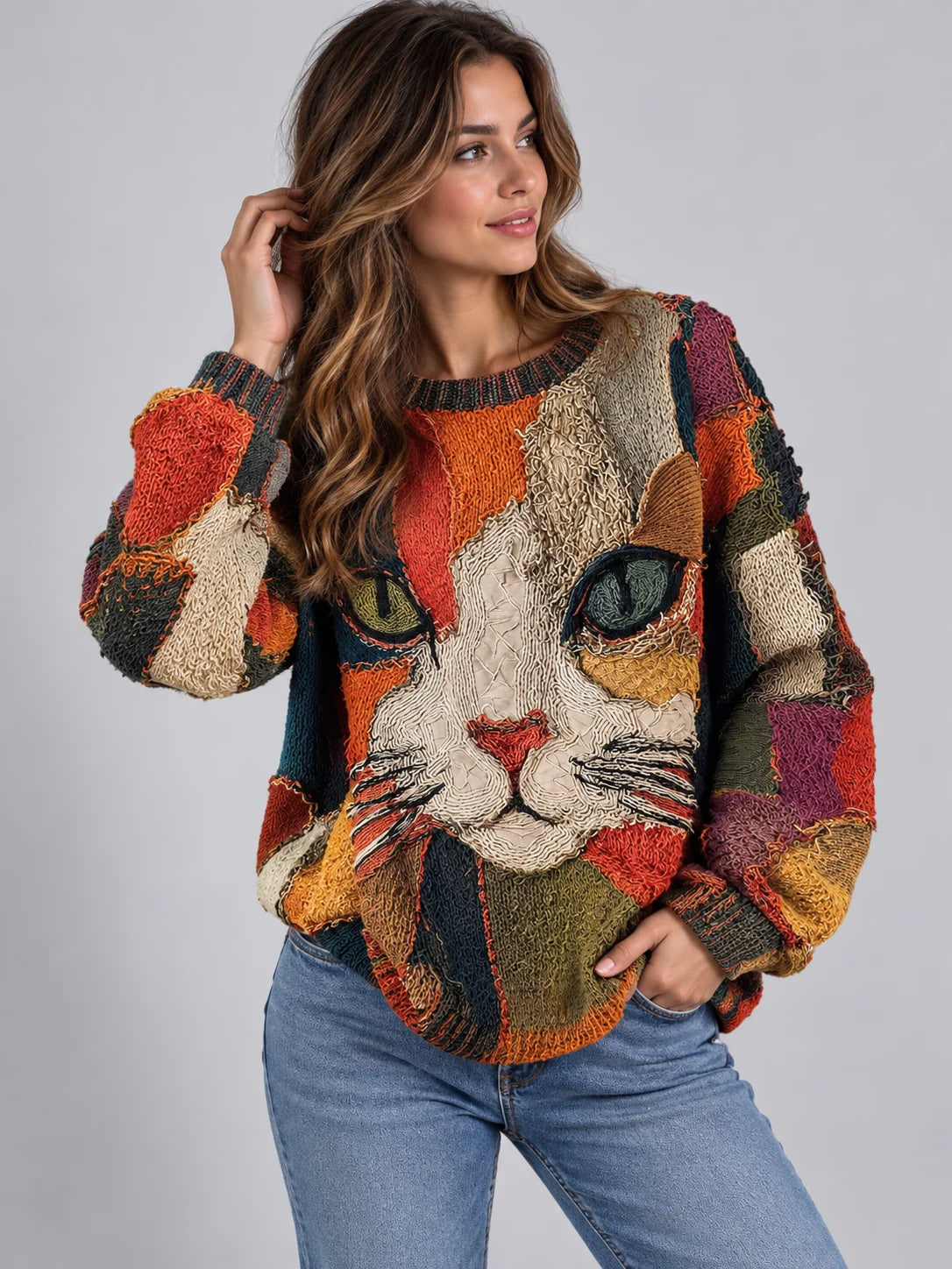 Chunky Knit Oversized Sweater with Bold Patchwork for Women 0