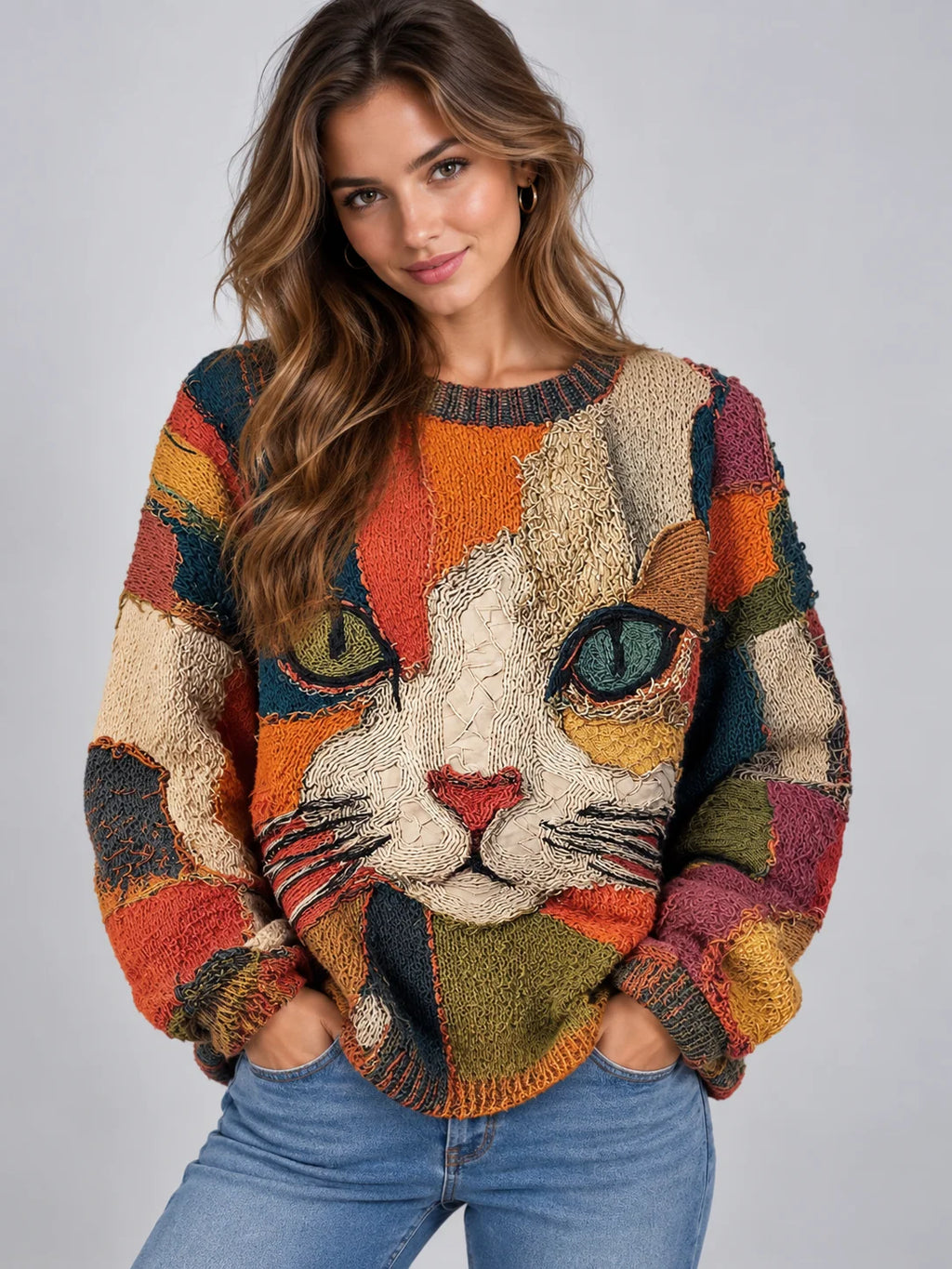 Chunky Knit Oversized Sweater with Bold Patchwork for Women 1