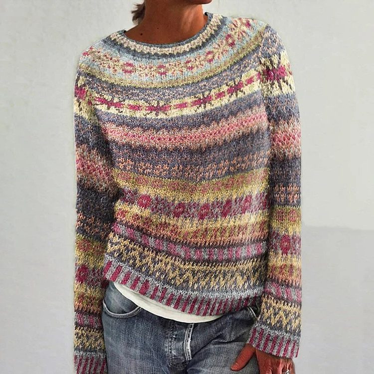 Cropped Patterned Crew Neck Sweater for Women - Relaxed Fit 0