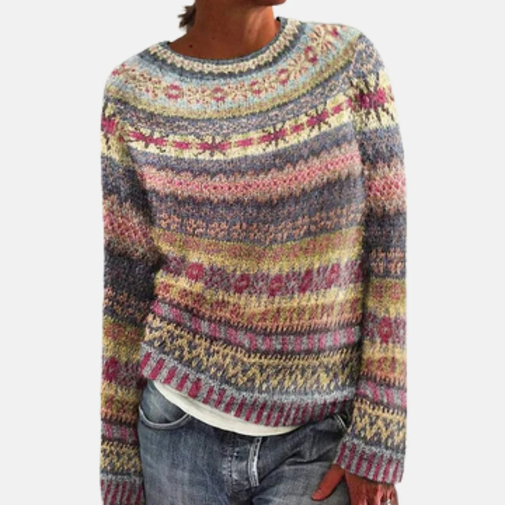 Cropped Patterned Crew Neck Sweater for Women - Relaxed Fit 1