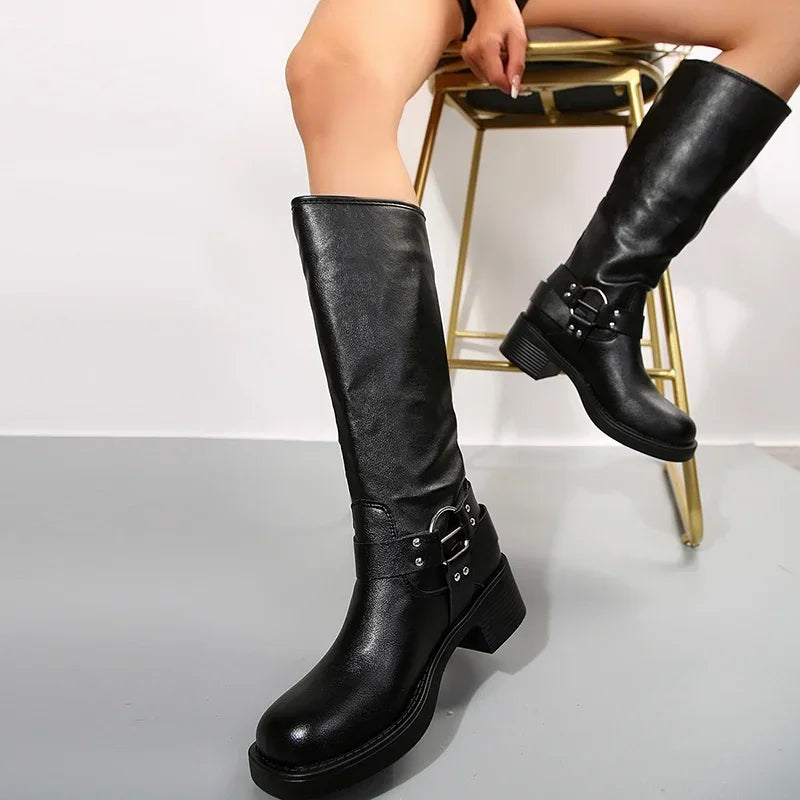 Women's Biker Boots with Chunky Heel and Buckle Details