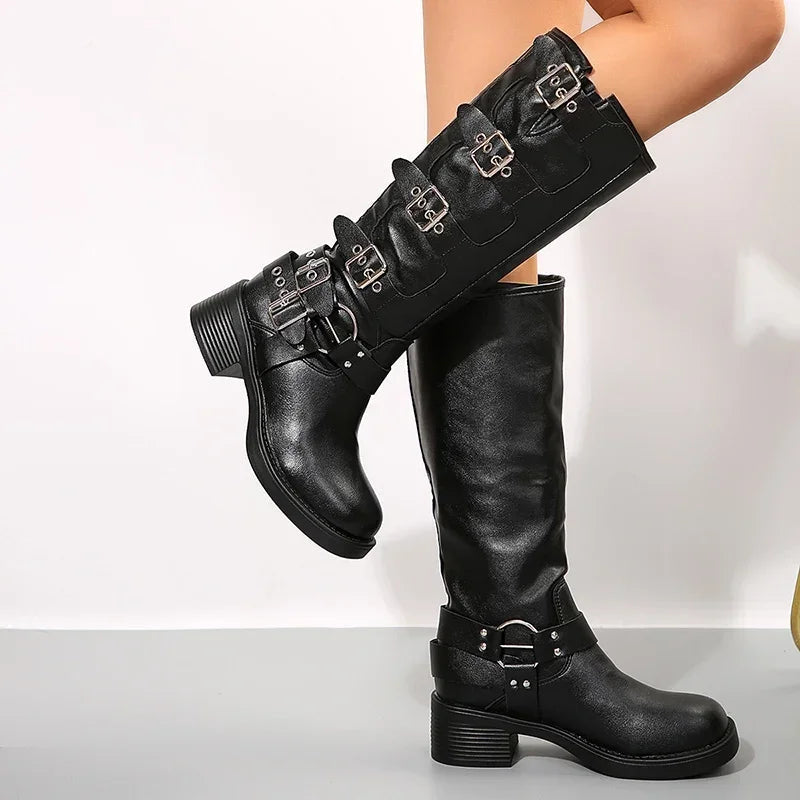 Women's Biker Boots with Chunky Heel and Buckle Details