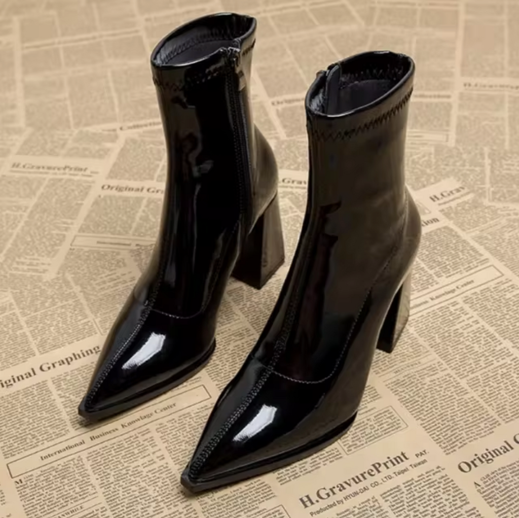 Women's Glossy Faux Leather Ankle Boots with Heel