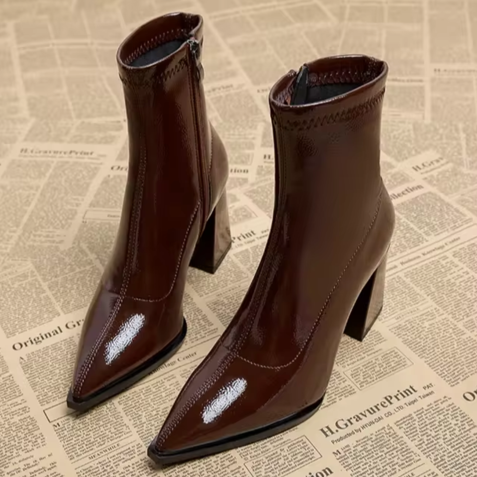 Women's Glossy Faux Leather Ankle Boots with Heel