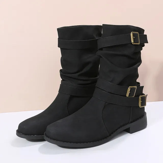 Women's Low Block Heel Boots with Round Toe and Buckle Closure