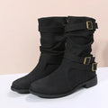 Women's Low Block Heel Boots with Round Toe and Buckle Closure