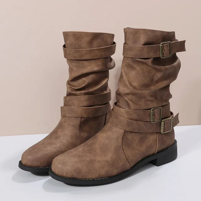 Women's Low Block Heel Boots with Round Toe and Buckle Closure