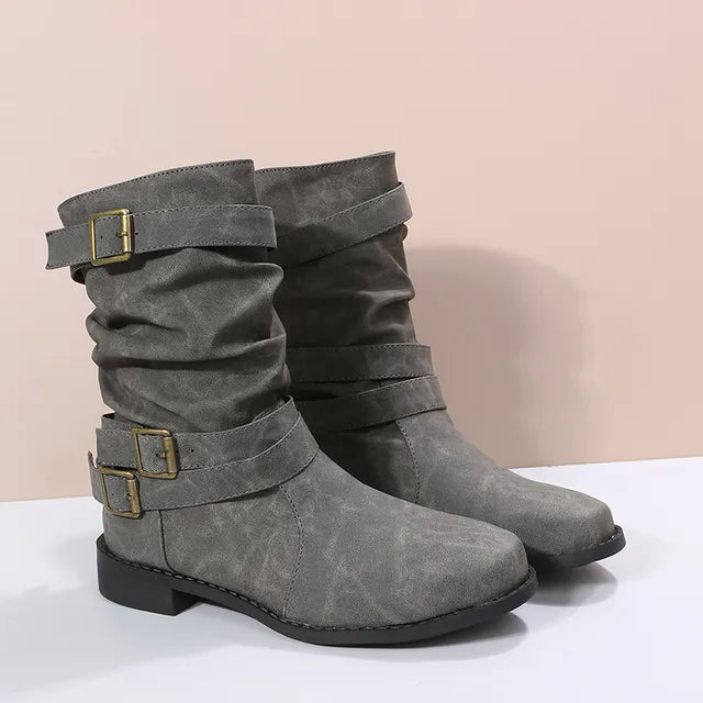 Women's Low Block Heel Boots with Round Toe and Buckle Closure