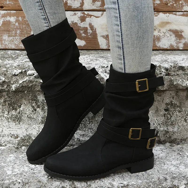 Women's Low Block Heel Boots with Round Toe and Buckle Closure