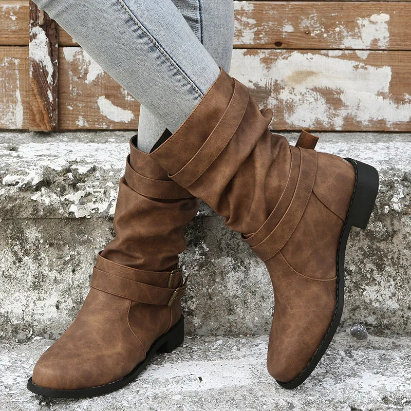 Women's Low Block Heel Boots with Round Toe and Buckle Closure