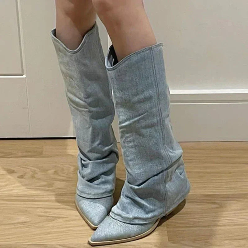 Women's Wide-Shaft Denim Cowboy Boots with Pointed Toe