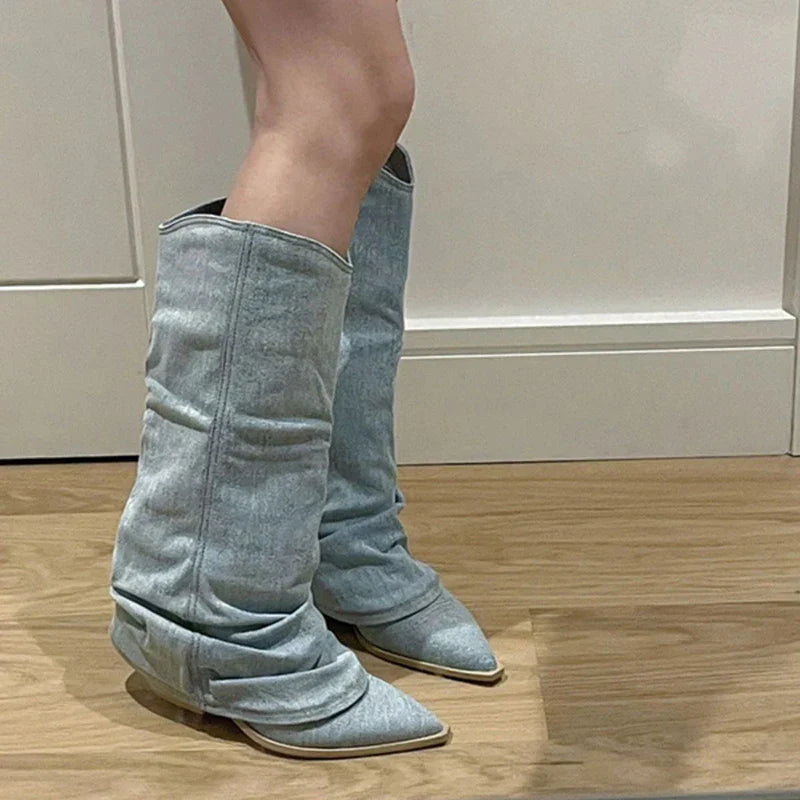 Women's Wide-Shaft Denim Cowboy Boots with Pointed Toe