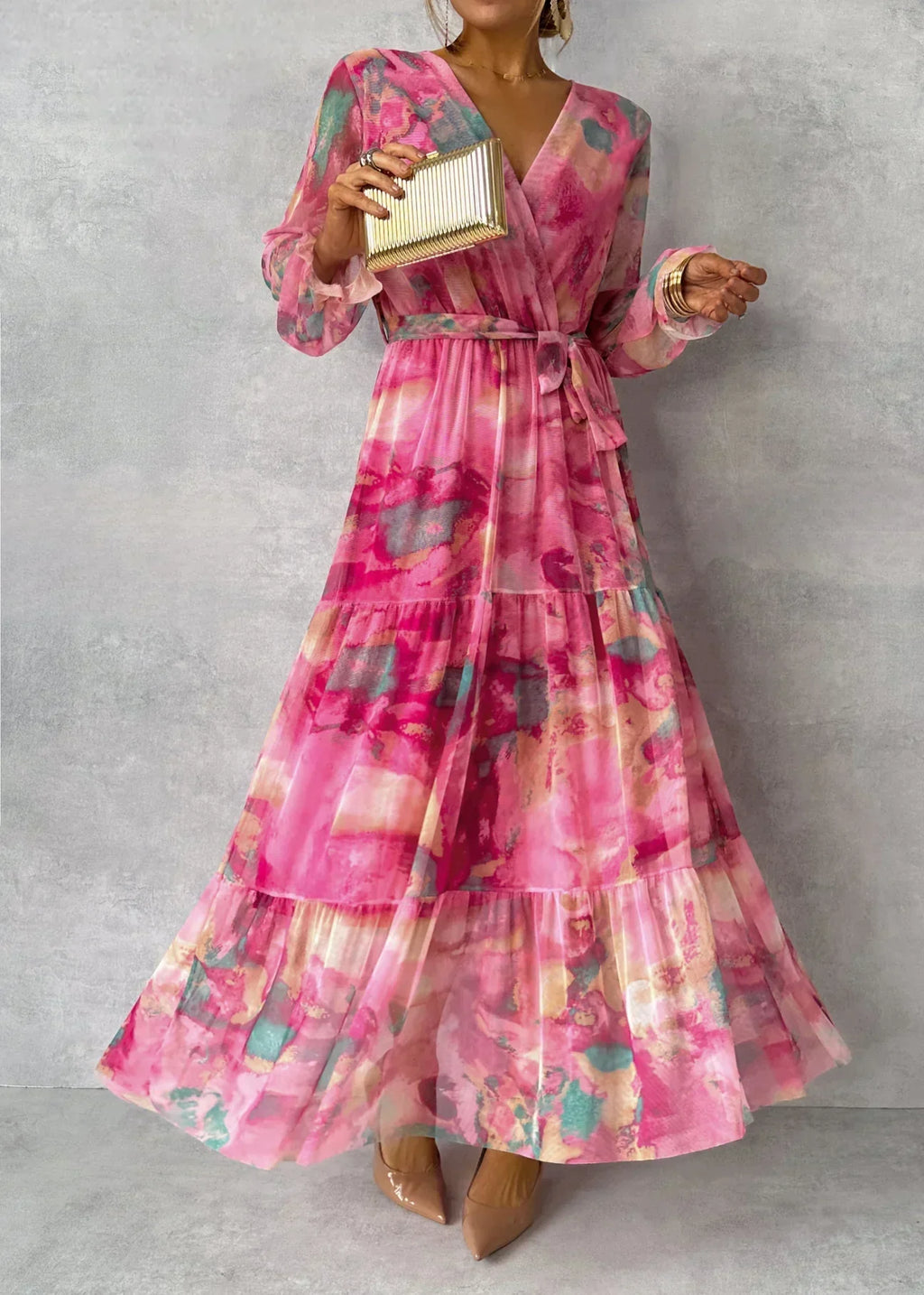 Elara | Elegant Women’s Maxi Wrap Dress with Floral Print and Long Sleeves