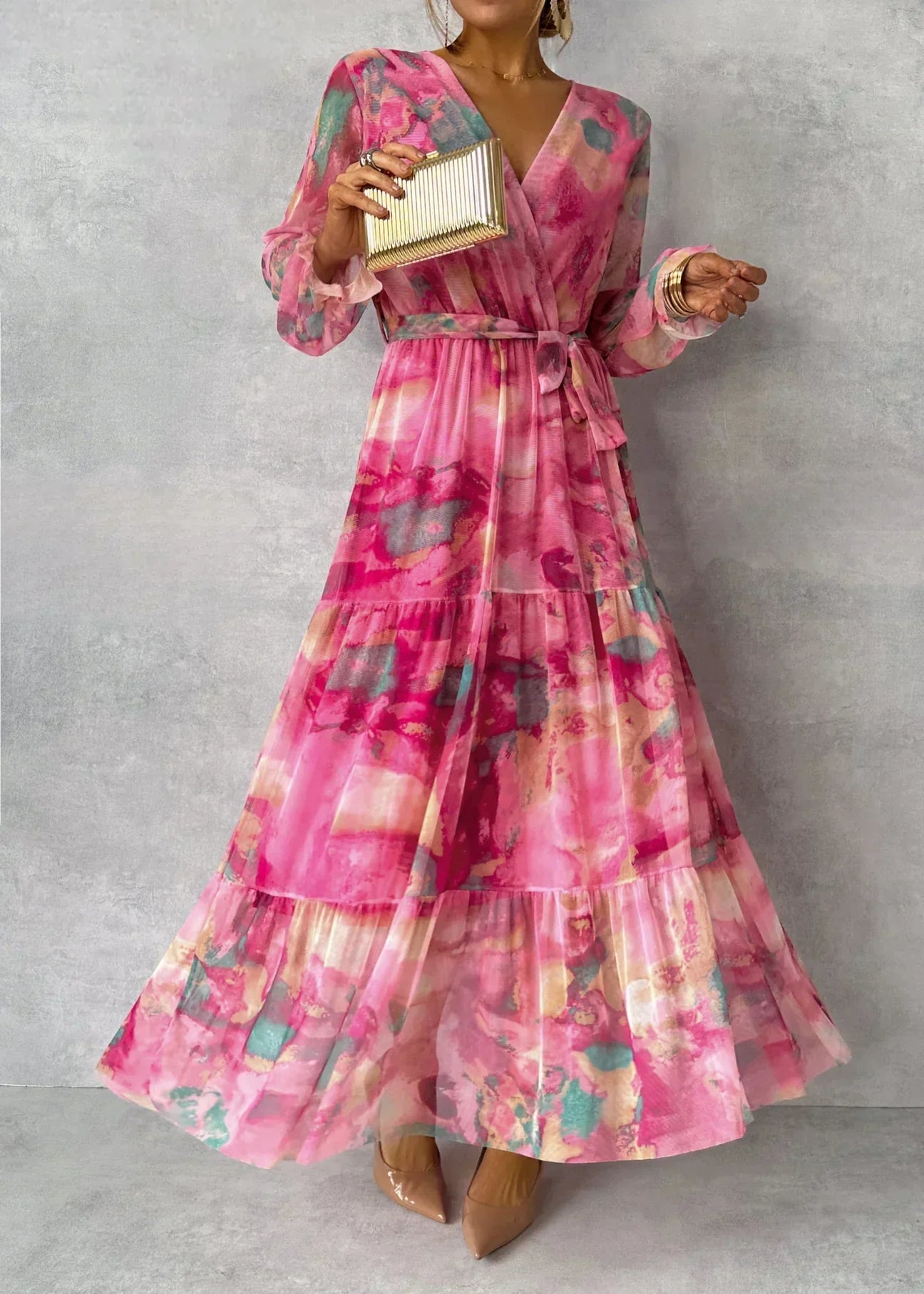 Elara | Elegant Women’s Maxi Wrap Dress with Floral Print and Long Sleeves