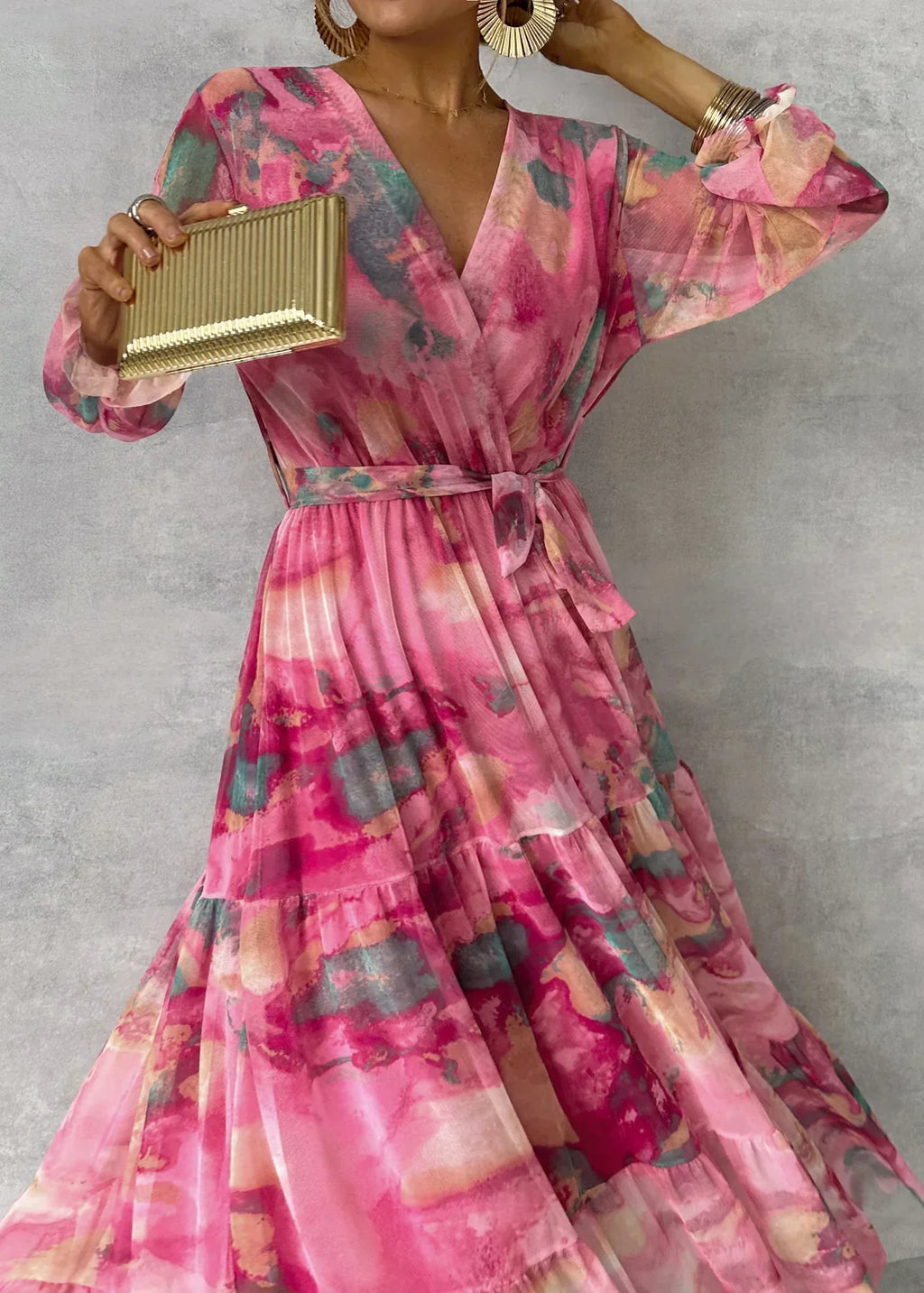 Elara | Elegant Women’s Maxi Wrap Dress with Floral Print and Long Sleeves