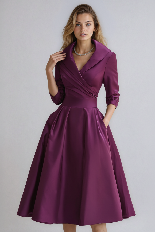Elegant midi dress with wrap detail and flared skirt