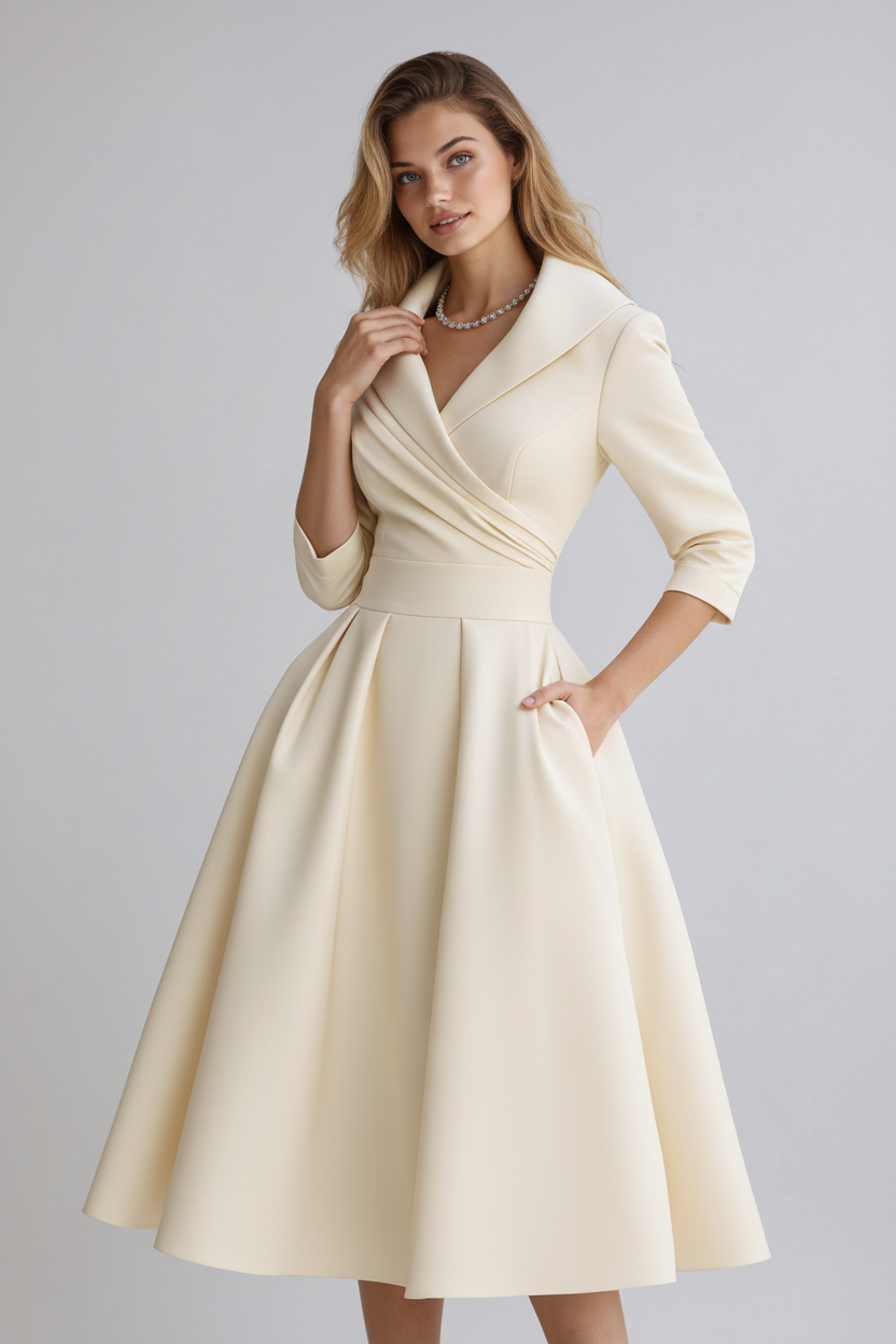 Elegant midi dress with wrap detail and flared skirt