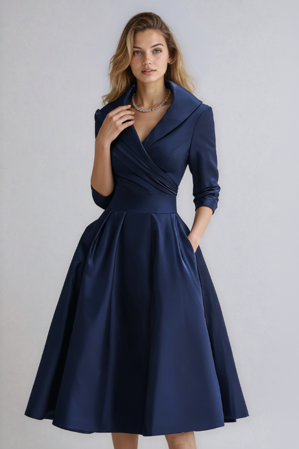 Elegant midi dress with wrap detail and flared skirt