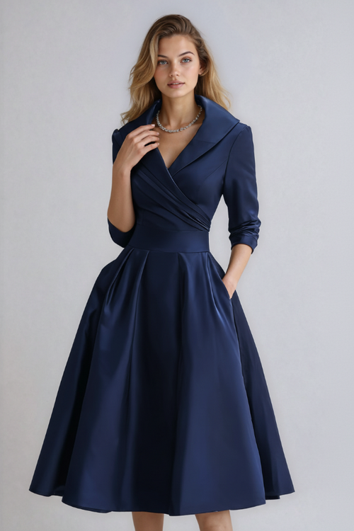 Elegant midi dress with wrap detail and flared skirt