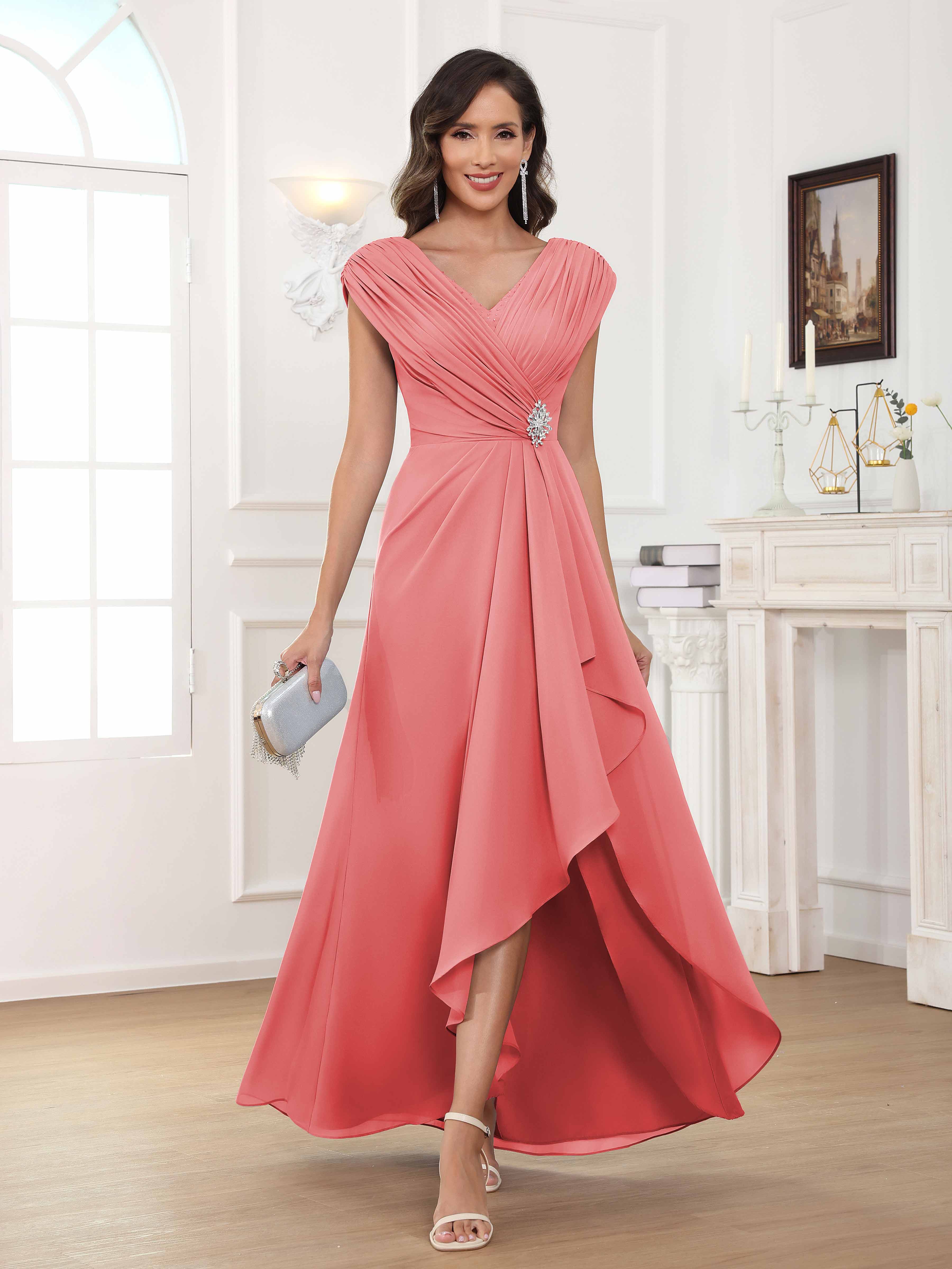 Women's A-Line Beaded Pleated Long Chiffon Mother Of The Bride Dress