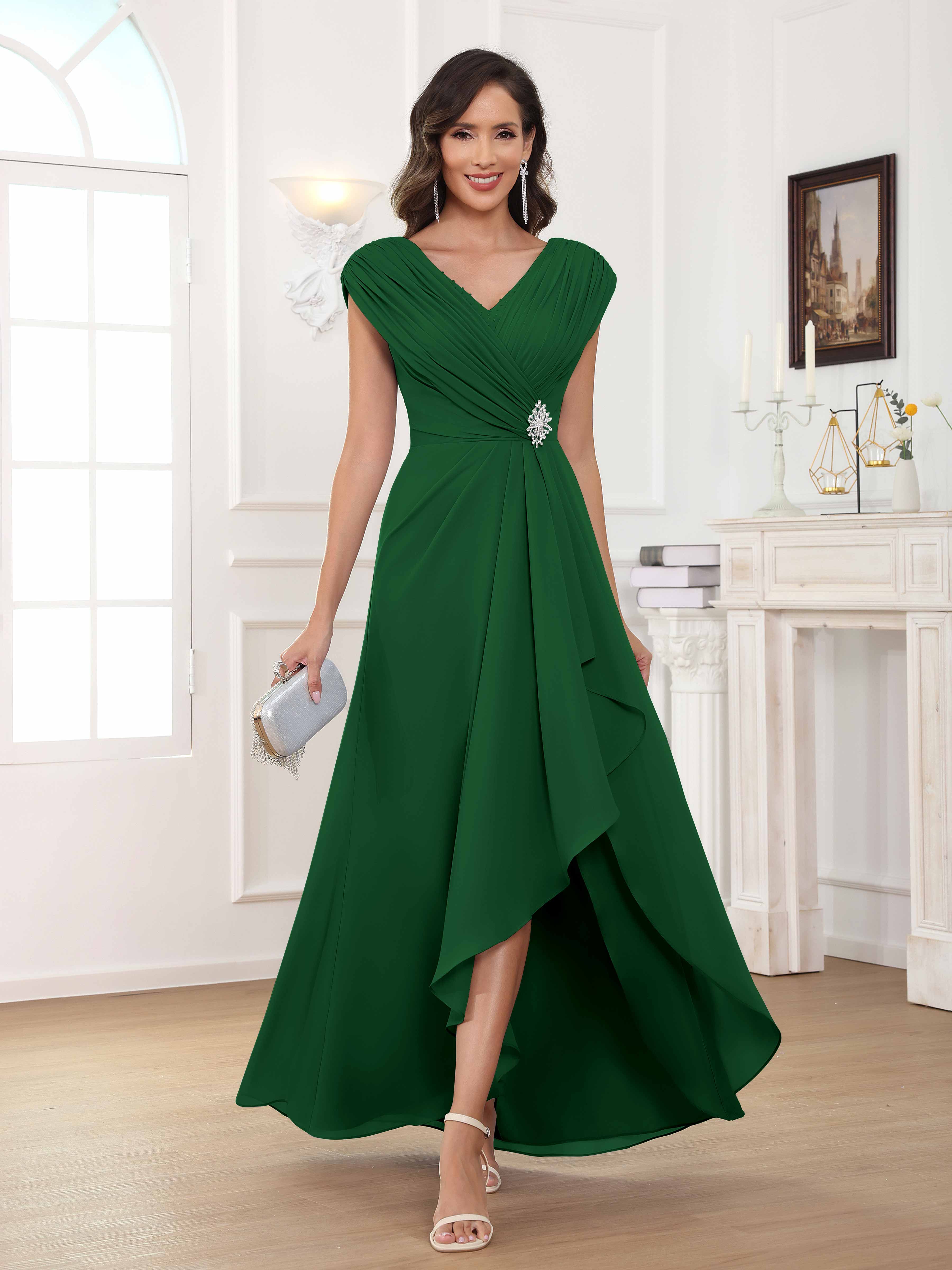 Women's A-Line Beaded Pleated Long Chiffon Mother Of The Bride Dress