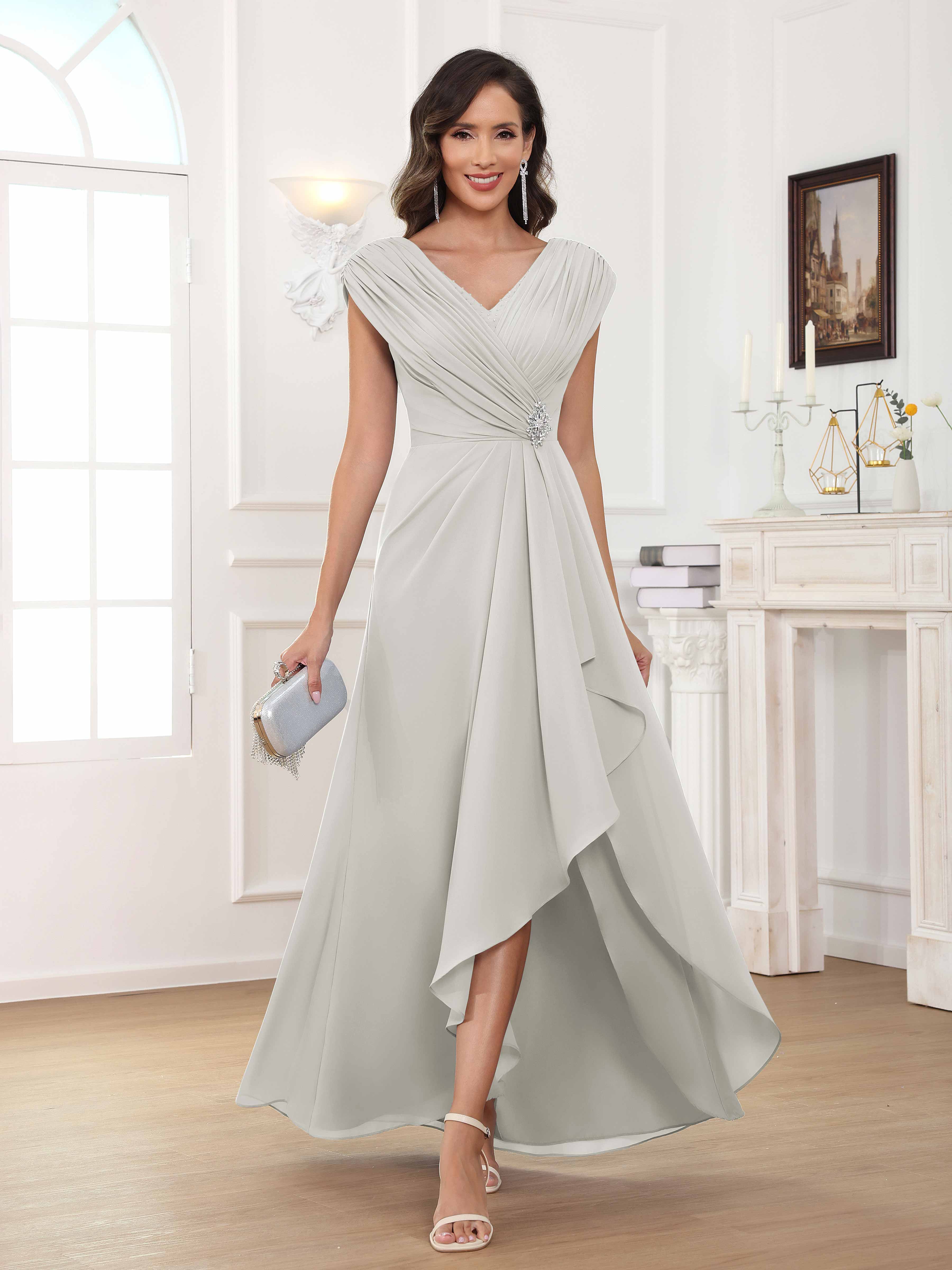 Women's A-Line Beaded Pleated Long Chiffon Mother Of The Bride Dress