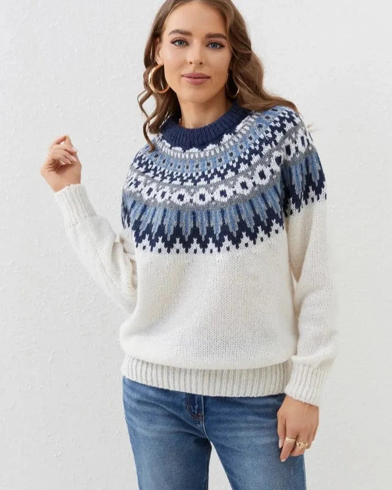 Fair Isle Crew Neck Women's Sweater with Relaxed Fit for Everyday Wear 0