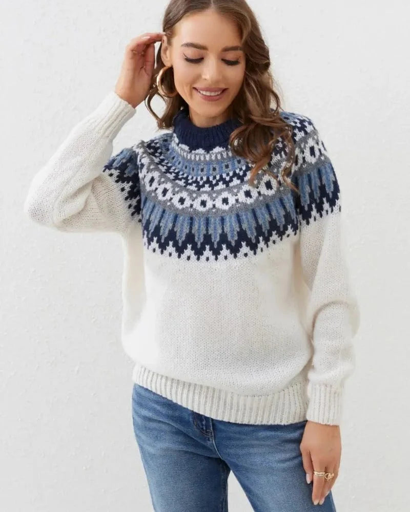 Fair Isle Crew Neck Women's Sweater with Relaxed Fit for Everyday Wear 1
