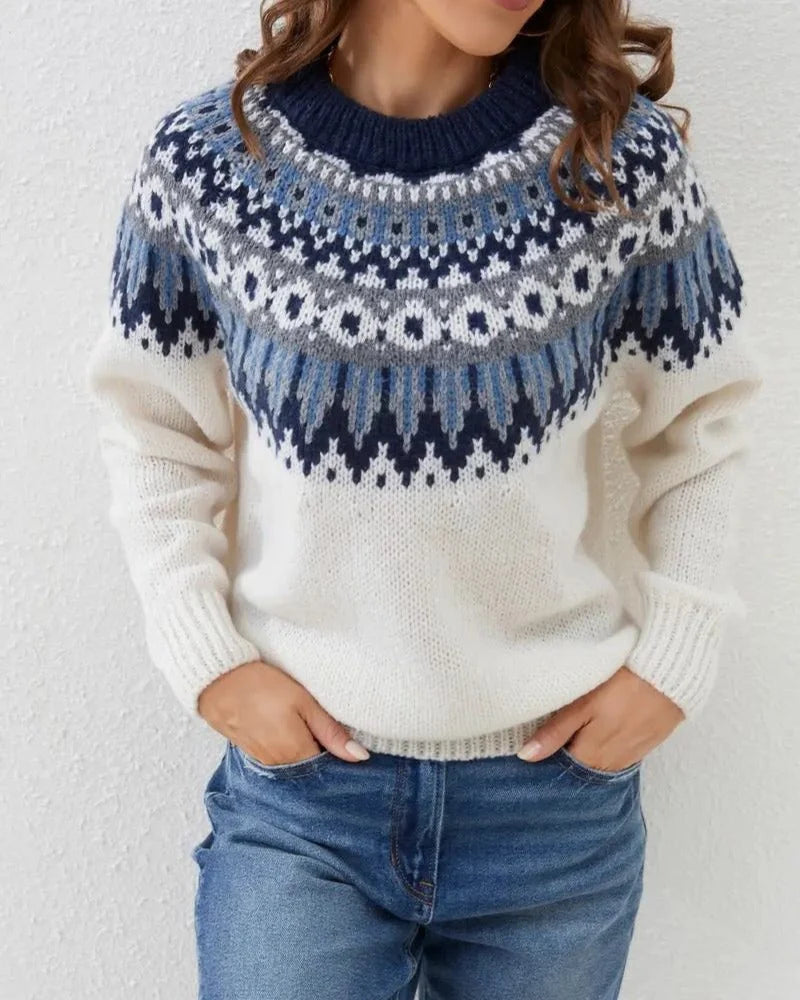 Fair Isle Crew Neck Women's Sweater with Relaxed Fit for Everyday Wear 3