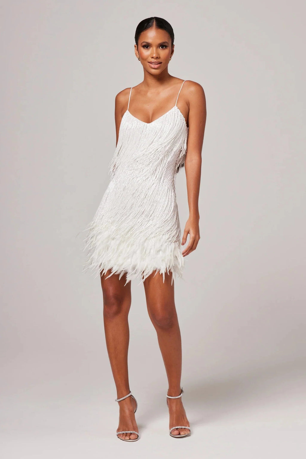 Feather Mini Cocktail Dress with V-Neck and Fringe Hem for Parties 2