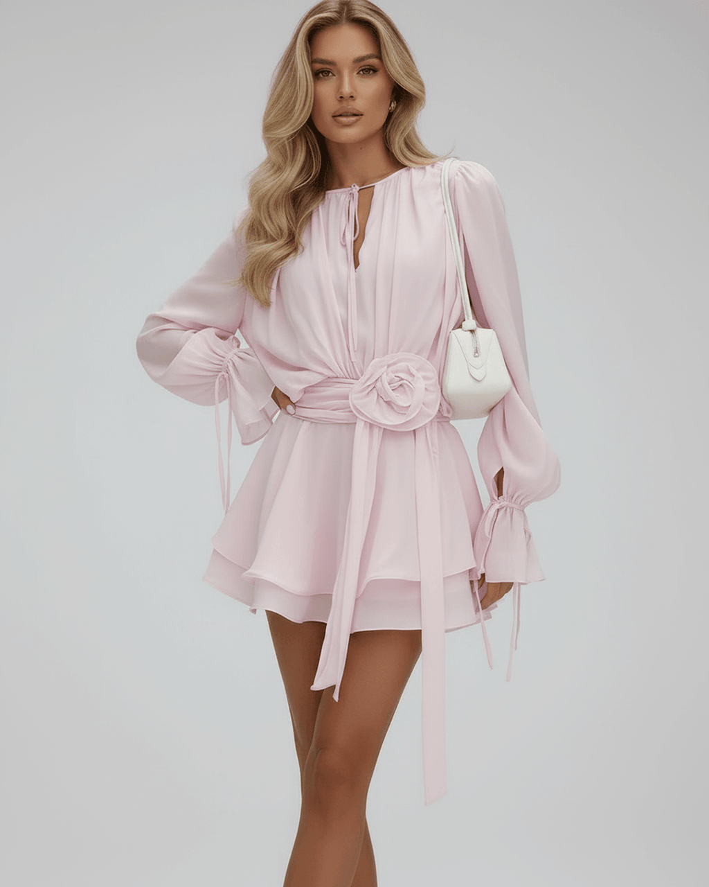 Women’s Mini Dress | Long Sleeves | 3D Rose Belt | Layered Skirt
