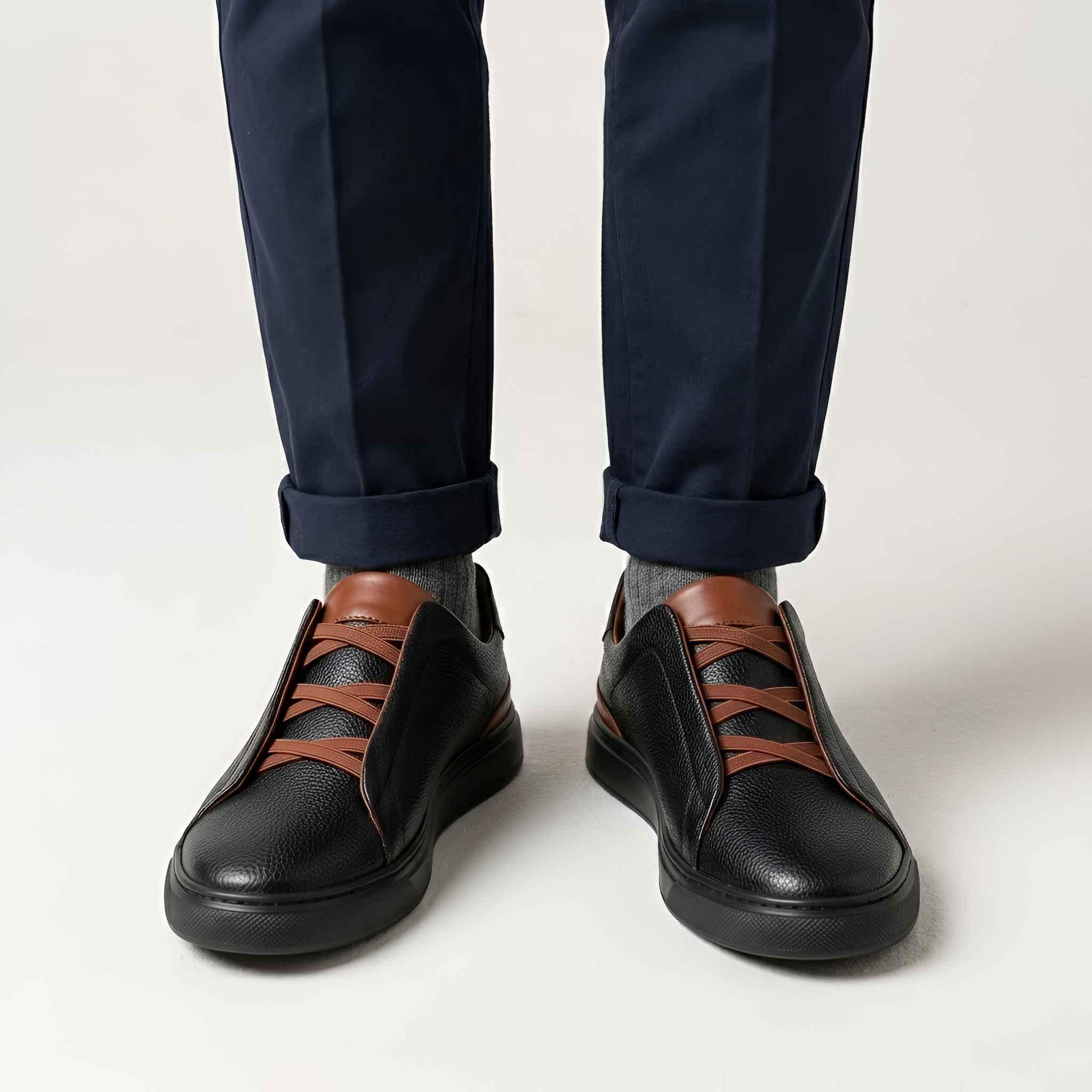 Men's Leather Sneakers with Elastic Laces and Comfortable Sole