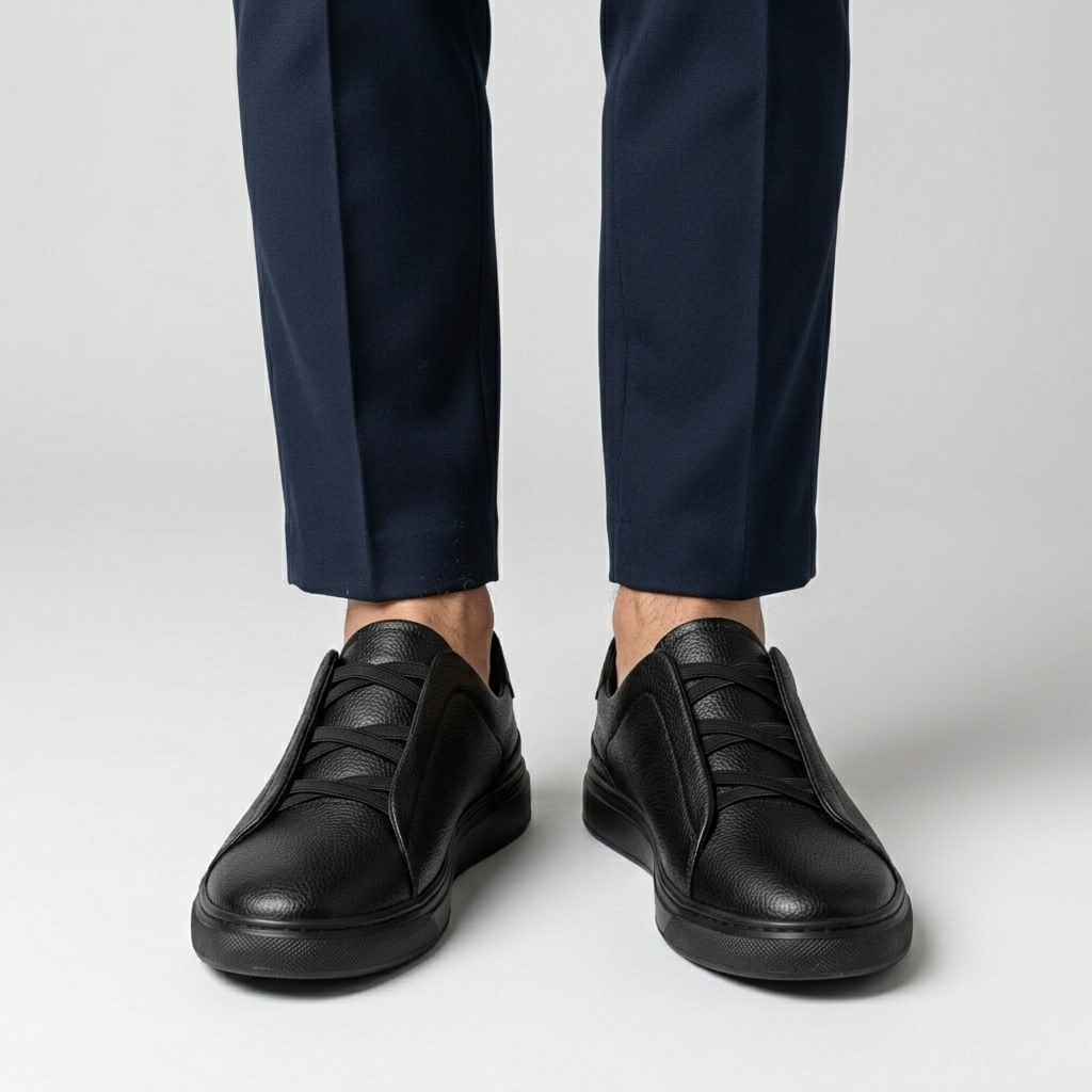 Men's Leather Sneakers with Elastic Laces and Comfortable Sole