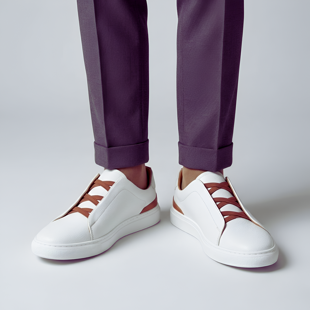 Men's Leather Sneakers with Elastic Laces and Comfortable Sole