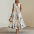 Genoveva | Elegant Women’s Pleated Midi Dress with V-Neck and Three-Quarter Sleeves