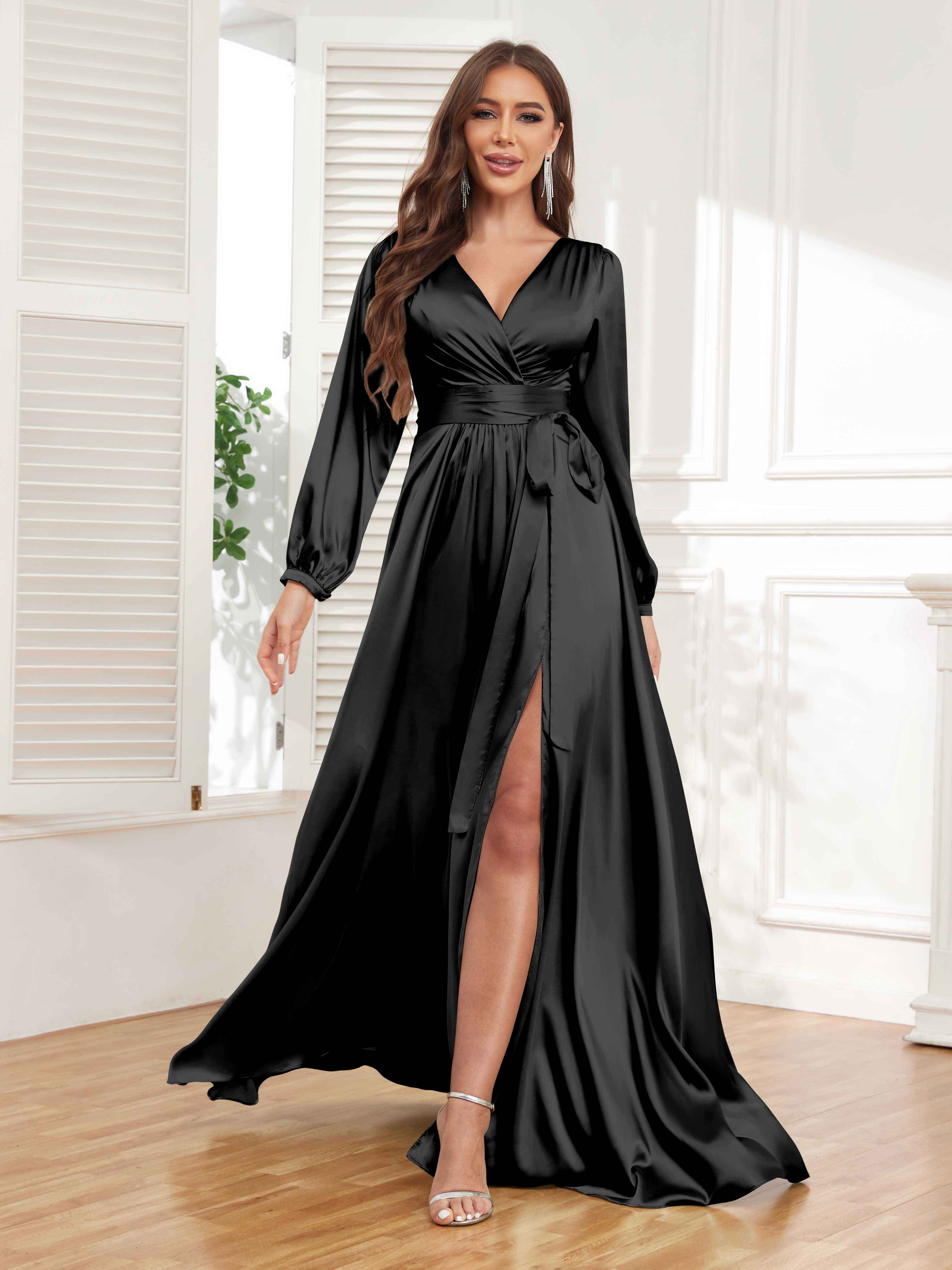 Women's Satin Pleated V Neck Long Sleeve Dress