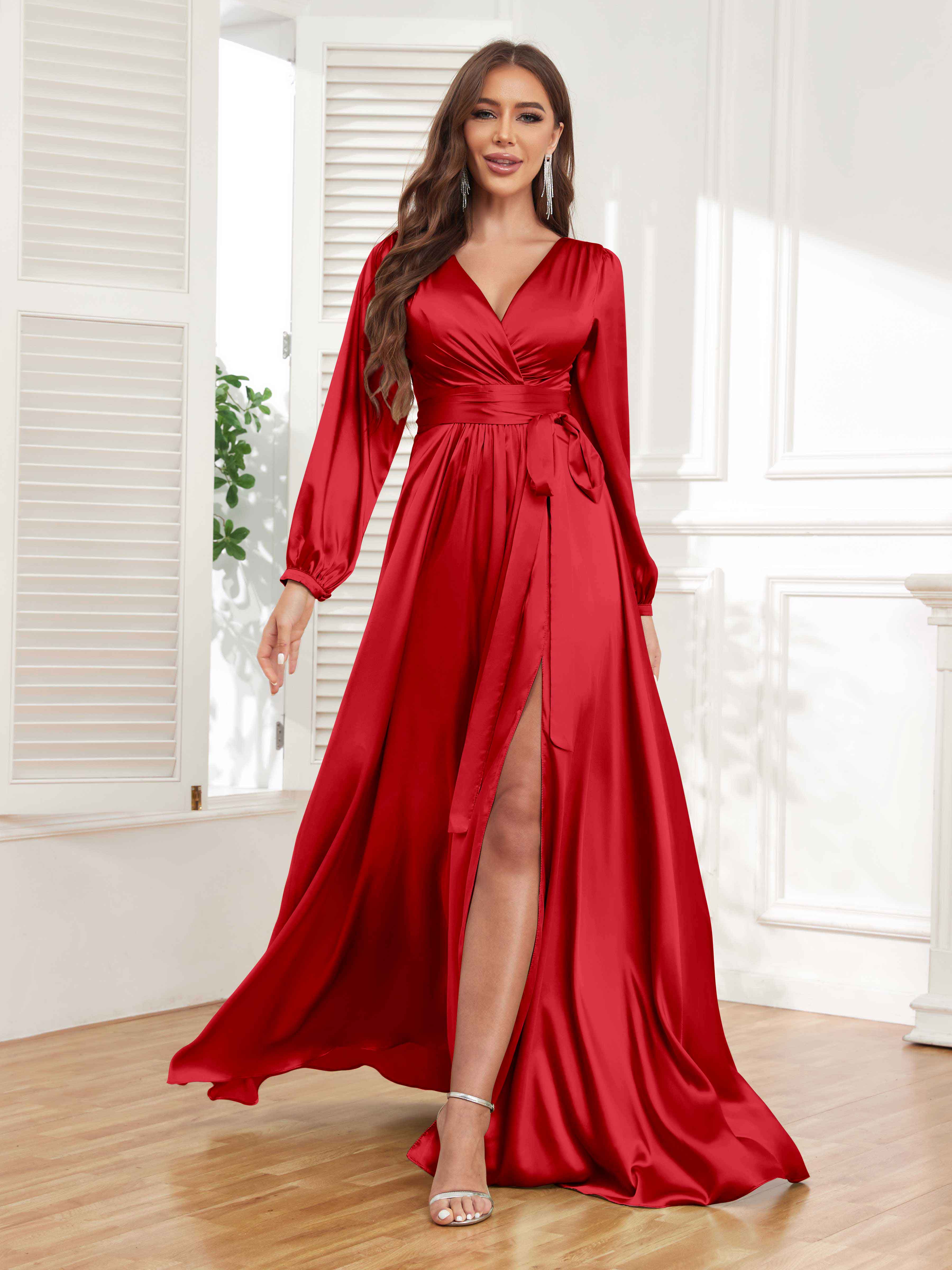 Women's Satin Pleated V Neck Long Sleeve Dress