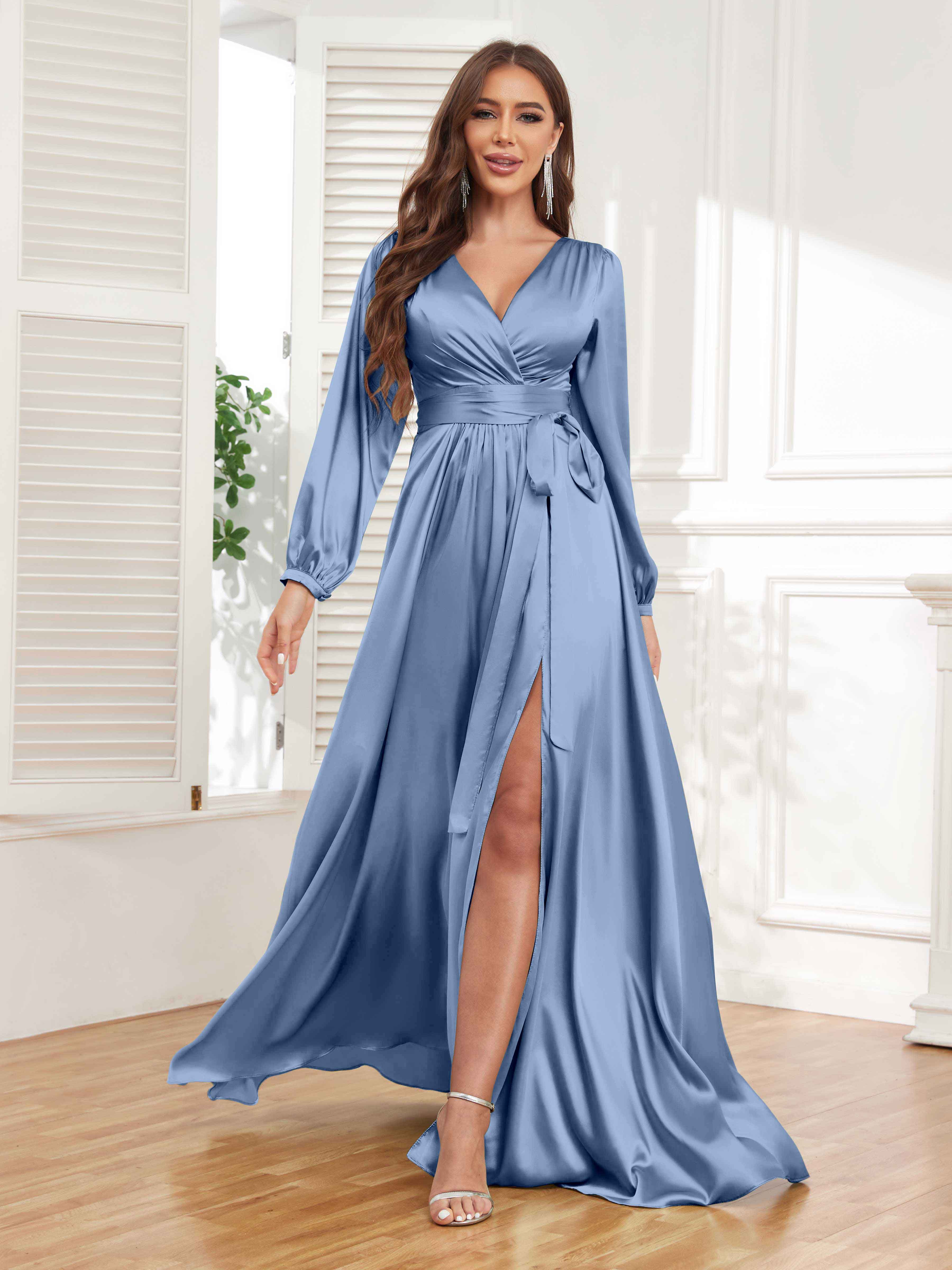 Women's Satin Pleated V Neck Long Sleeve Dress