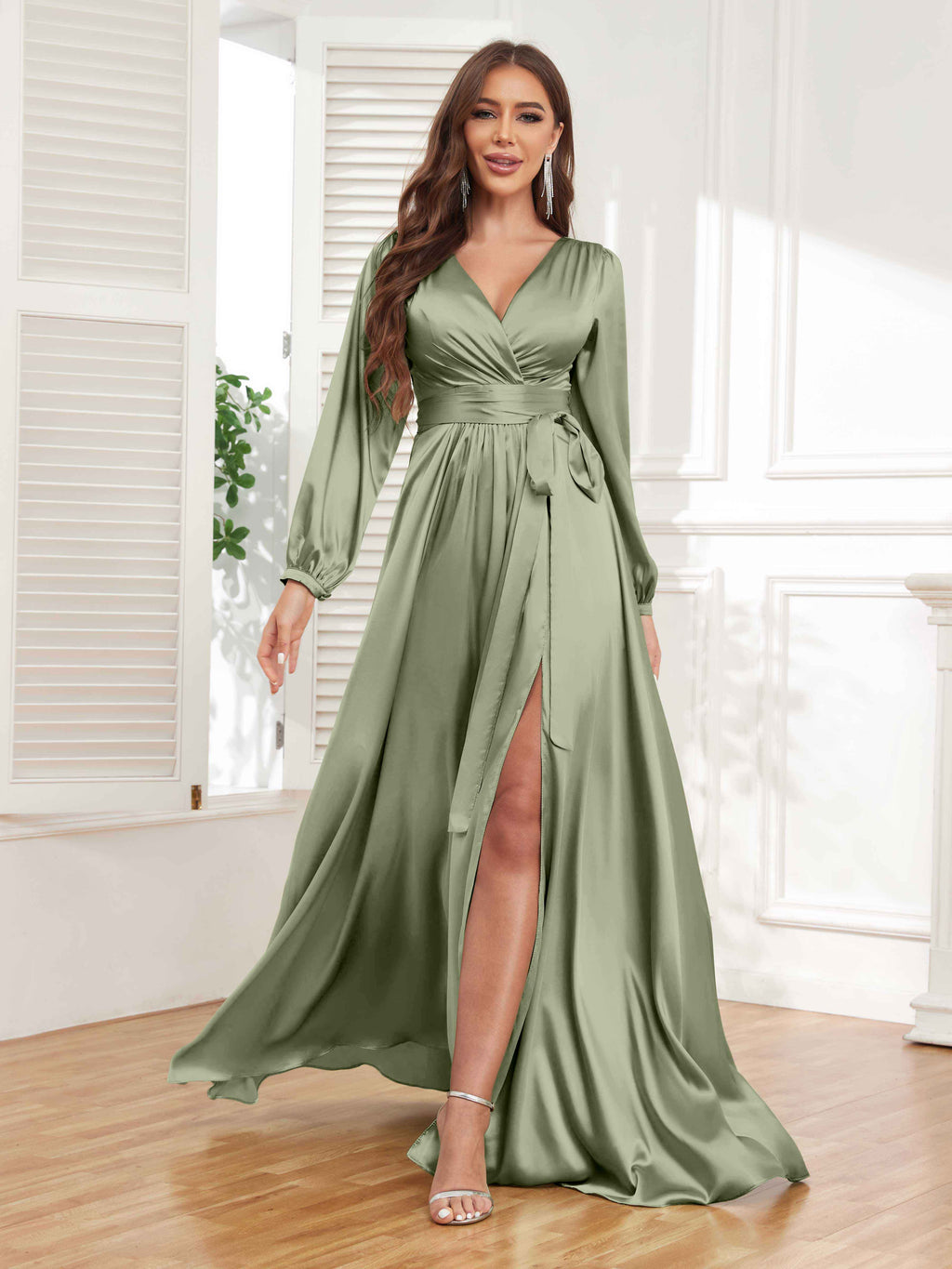 Women's Satin Pleated V Neck Long Sleeve Dress