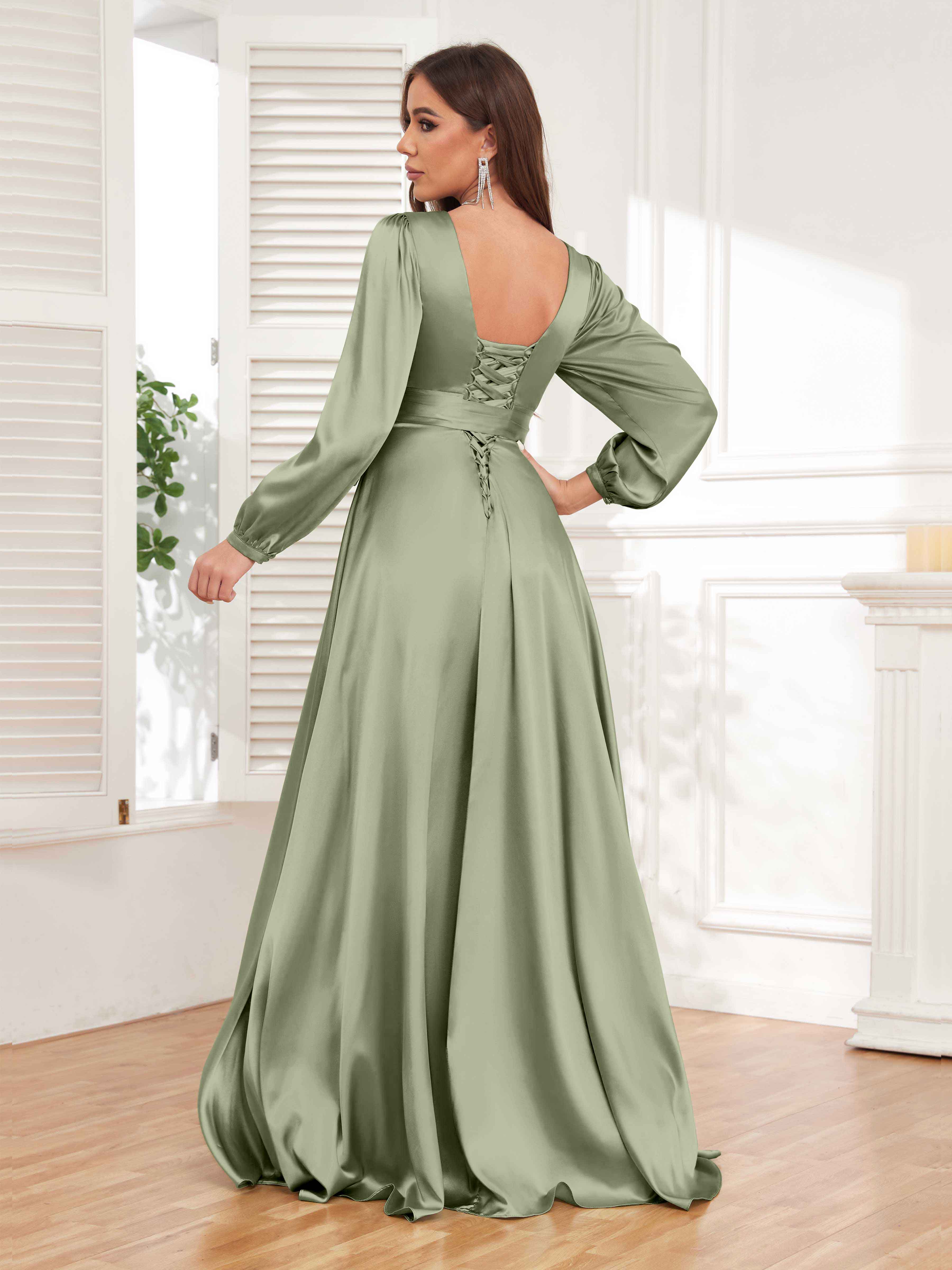 Women's Satin Pleated V Neck Long Sleeve Dress