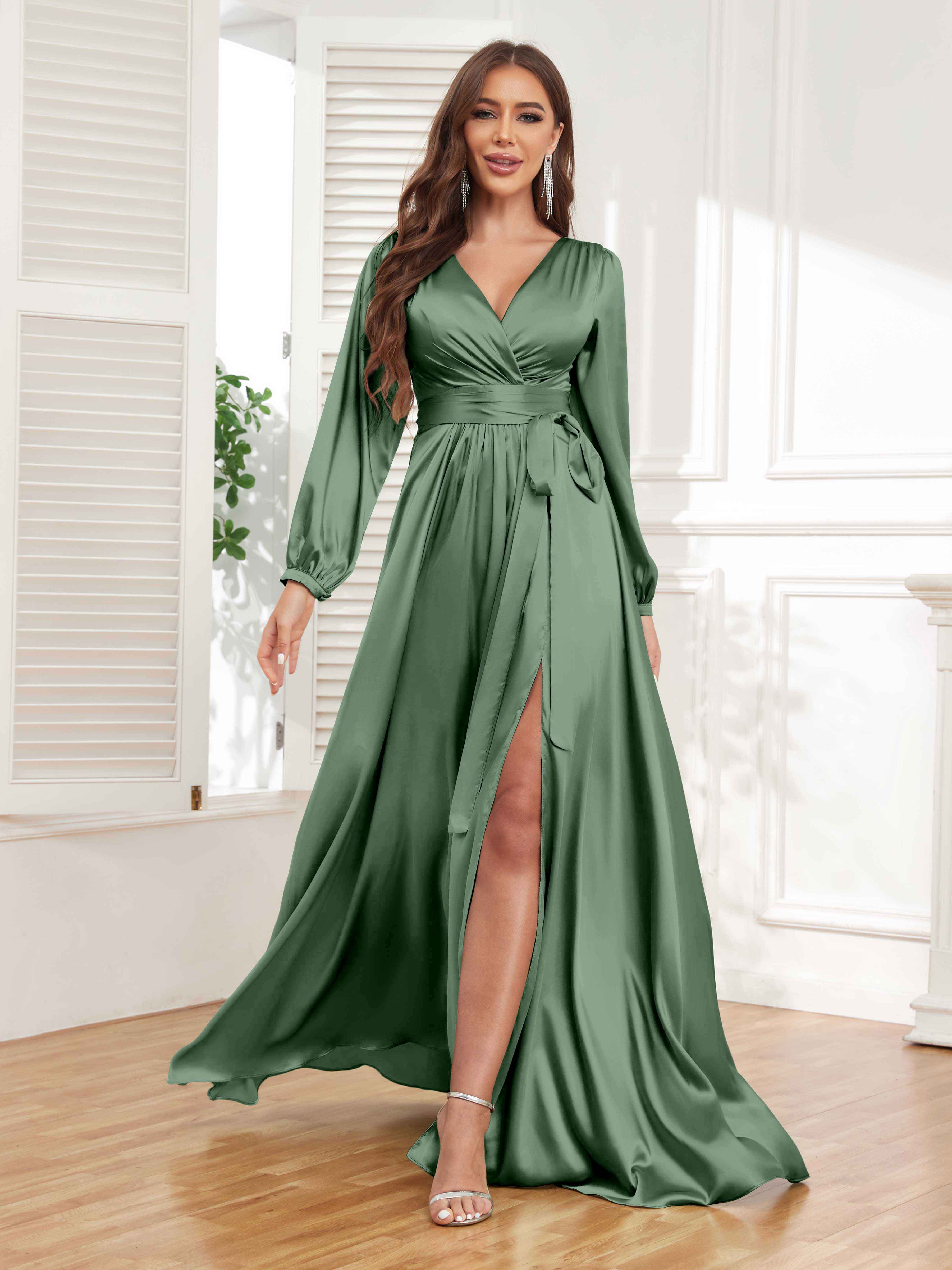 Women's Satin Pleated V Neck Long Sleeve Dress