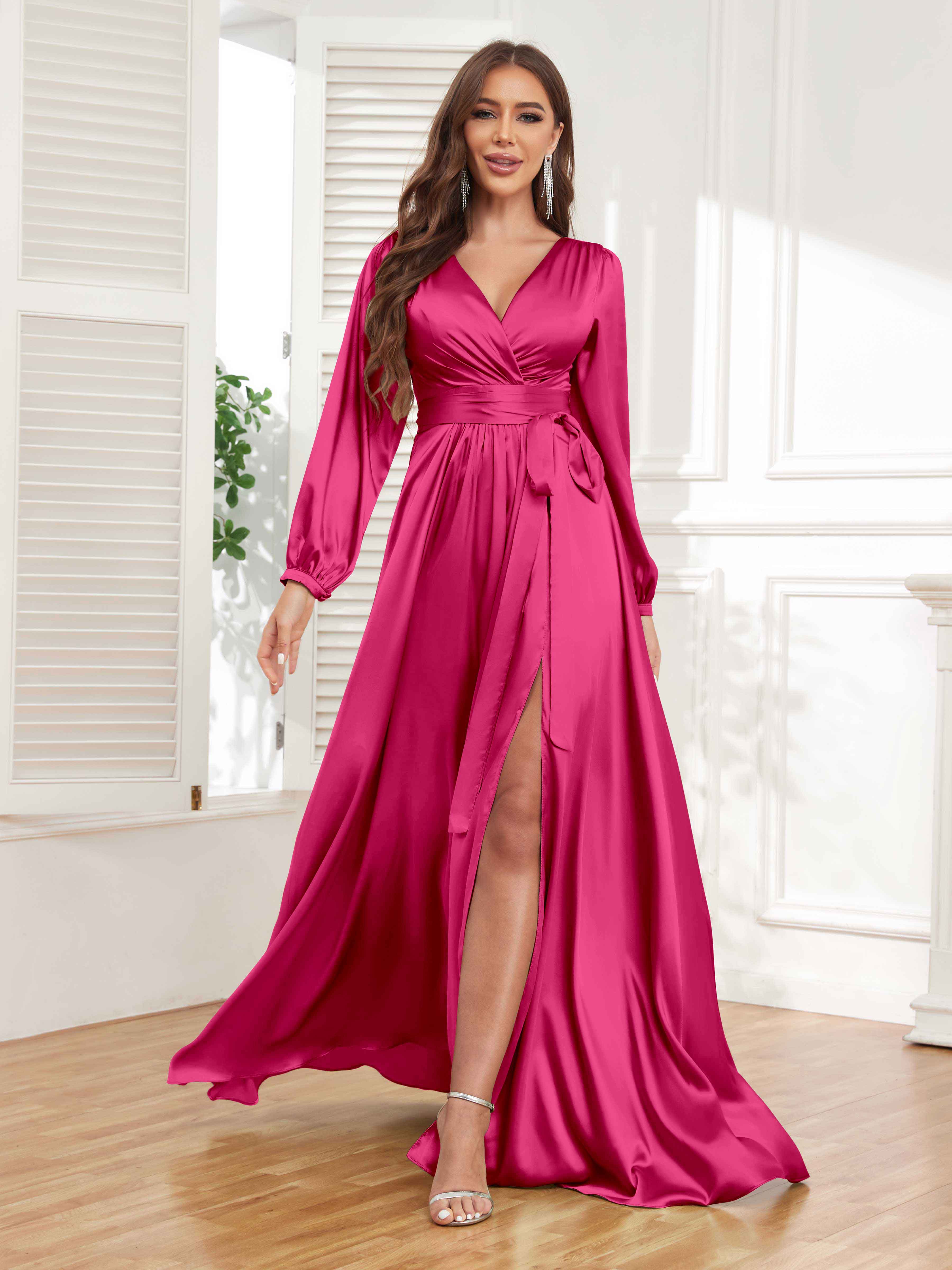 Women's Satin Pleated V Neck Long Sleeve Dress