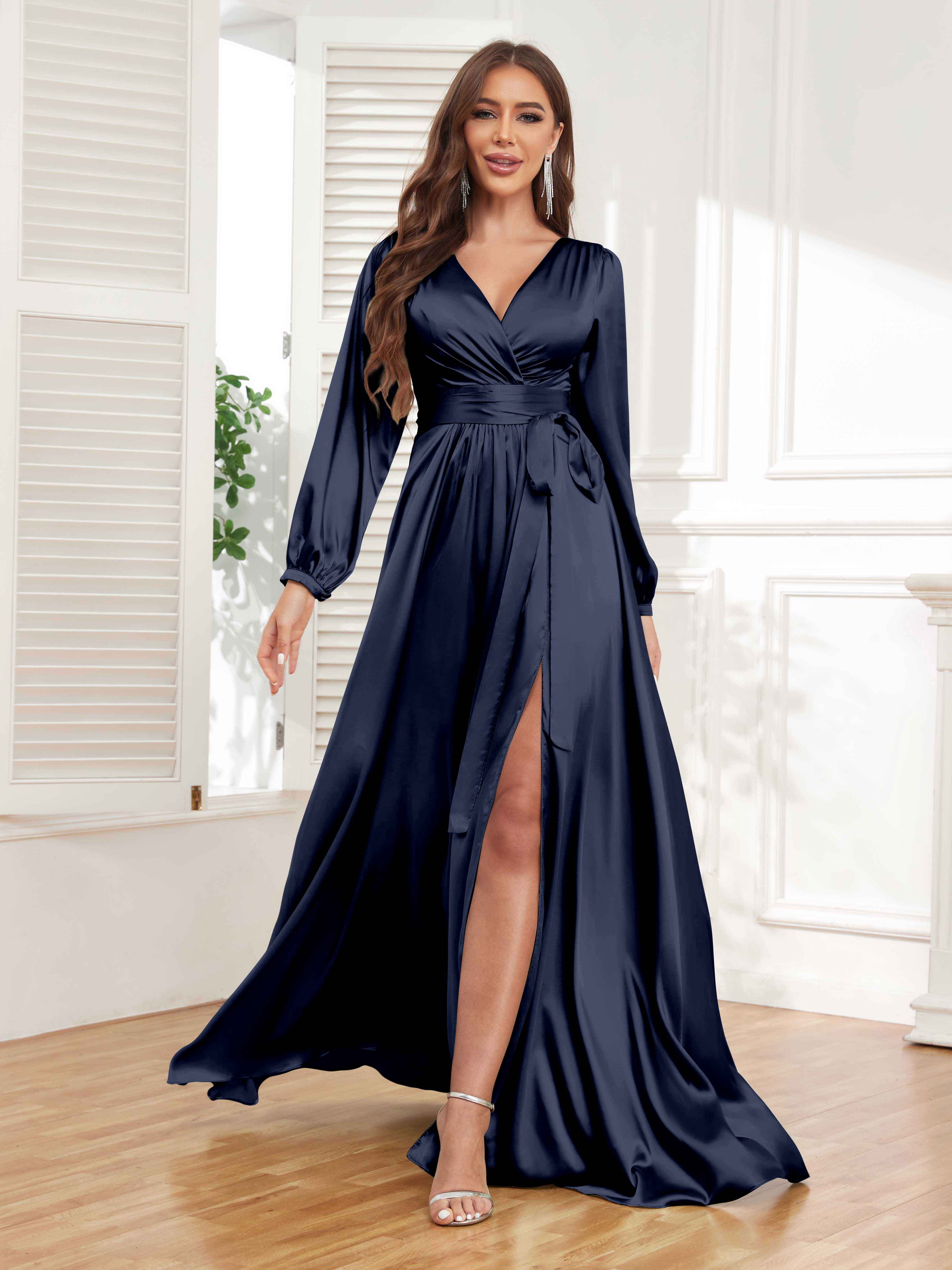 Women's Satin Pleated V Neck Long Sleeve Dress
