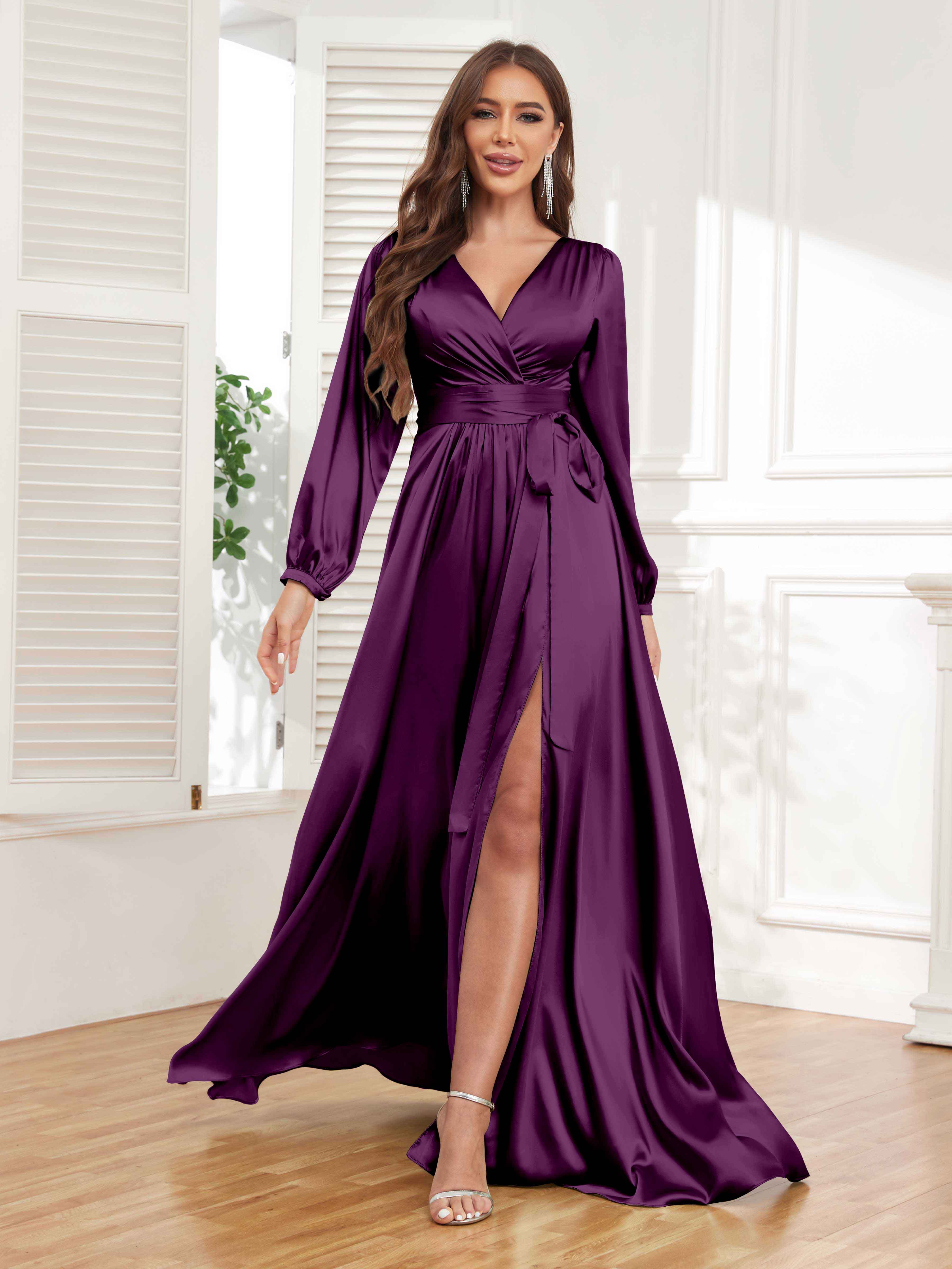 Women's Satin Pleated V Neck Long Sleeve Dress