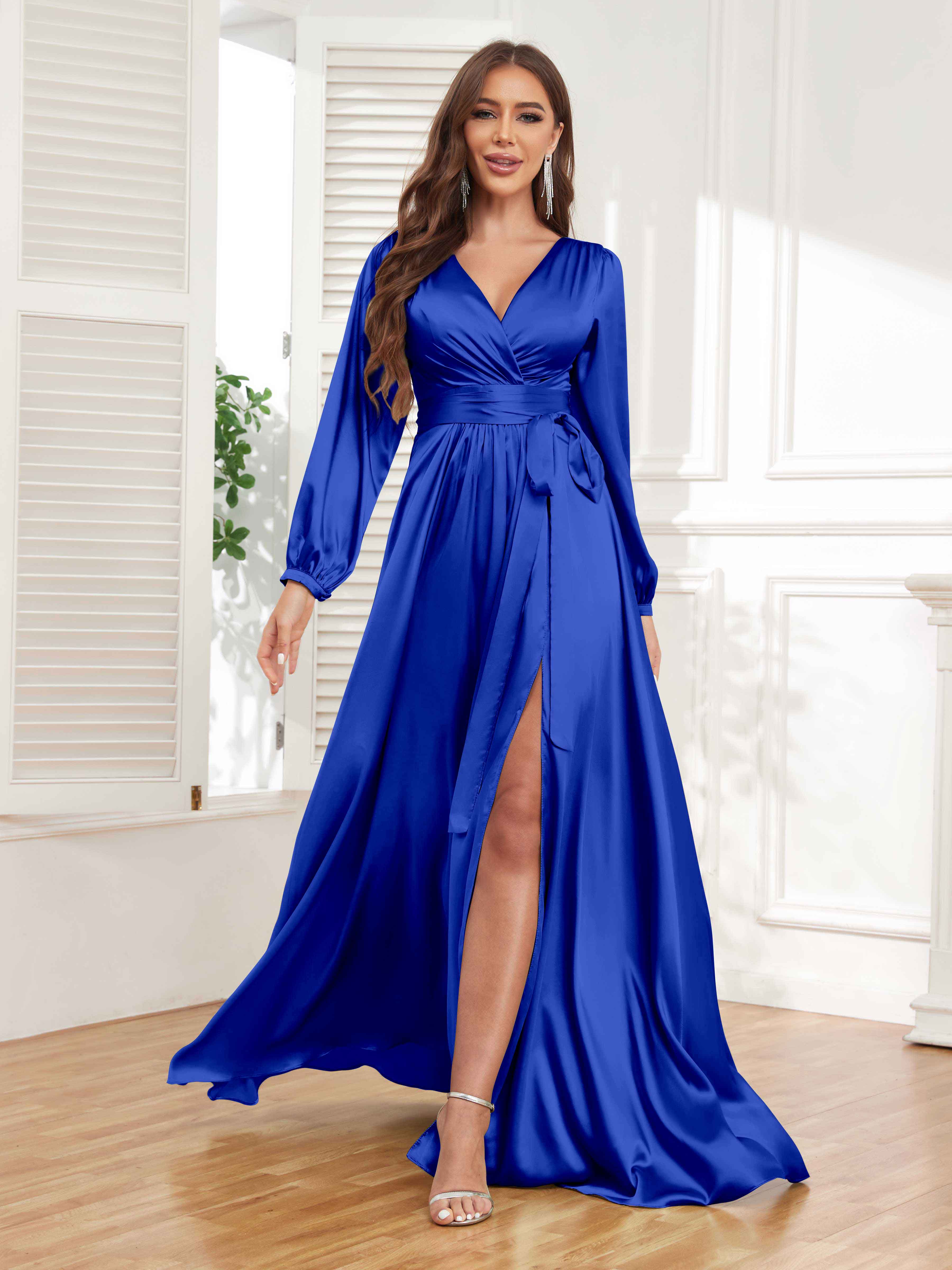 Women's Satin Pleated V Neck Long Sleeve Dress
