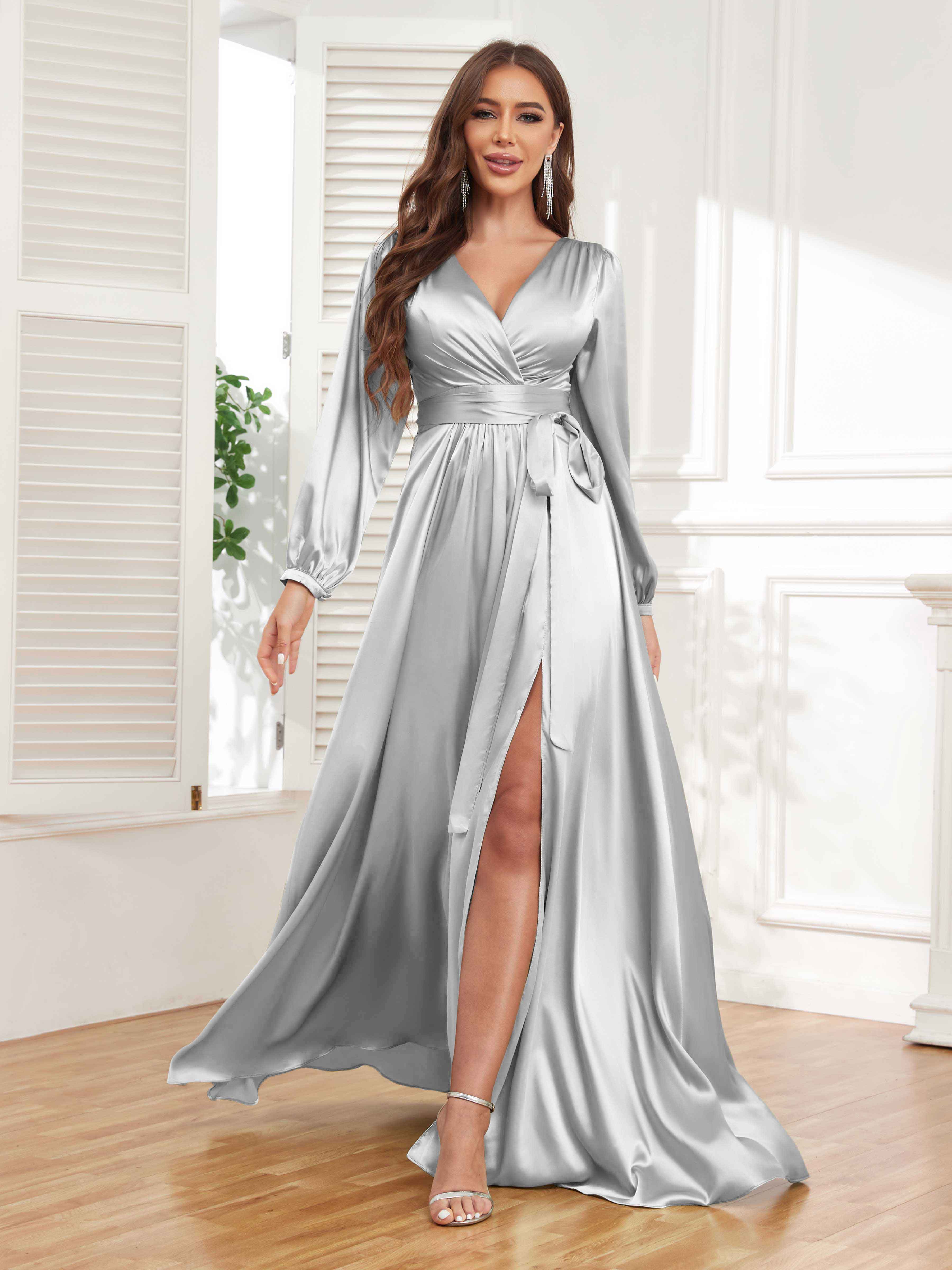 Women's Satin Pleated V Neck Long Sleeve Dress