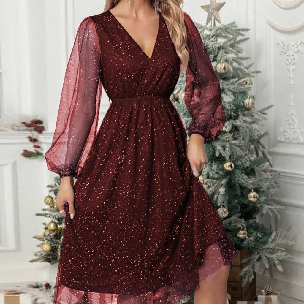 Glitter Midi Dress with V-Neck and Balloon Sleeves for Women 4