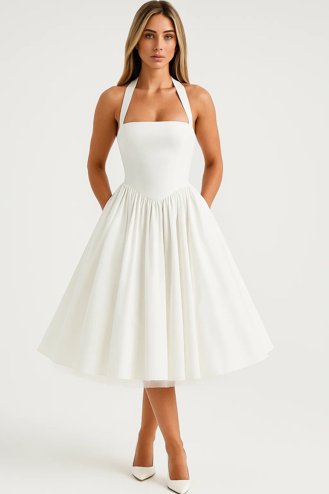 Hella Women’s Halter Dress | Vintage Midi Silhouette | Flared Skirt